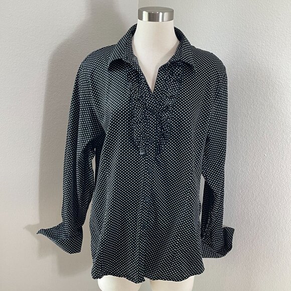 Foxcroft Womens Plus 18 Fitted Polka Dot Ruffle Front Blouse Long Sleeve Shirt - Picture 1 of 9